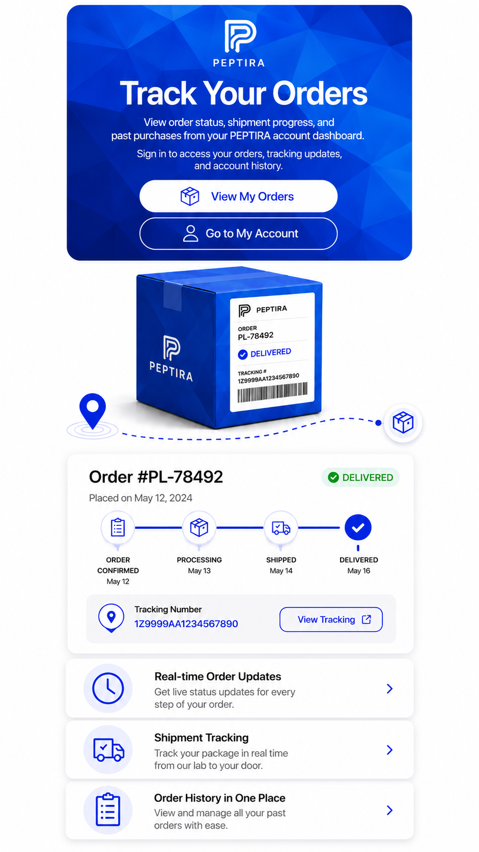 Track your Peptira orders, view shipment progress, and access your order history from your account dashboard.